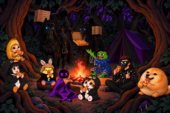 A whimsical cartoon illustration of various characters including a Pepe frog, ducks in hoodies, a doge-like character, and grim reapers on horseback, all gathered around a campfire eating pizza in a dark forest setting.