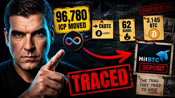 A YouTube-style thumbnail showing a man with text '96,780 ICP MOVED', 'CKBTC', '62 BURNS', '3.145 BTC', and 'TRACED' highlighting funds moved to HitBTC deposit.