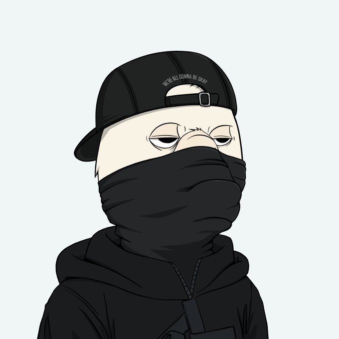 A digital illustration of a character wearing a black cap that reads 'WE'RE ALL GONNA BE OKAY!', a black hoodie, and a face covering, with half-closed eyes.