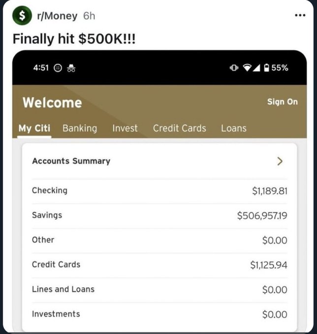 A Reddit post from r/Money titled "Finally hit $500K!!!" shows a Citi bank app screenshot with an Accounts Summary displaying $1,189.81 in Checking and $506,957.19 in Savings, ironic given the post's "Worst way to hit 500K" comment—suggesting the milestone was reached largely due to Savings growth (likely from high interest rates or market gains) rather than active saving.