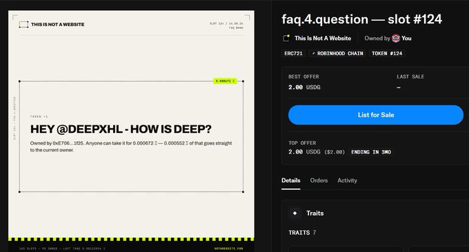 An NFT marketplace listing for 'THIS IS NOT A WEBSITE' (faq.4.question — slot #124) by @xETH702 shows a best offer of 2.00 USDG with the text 'HEY @DEEPXHL - HOW IS DEEP?'.