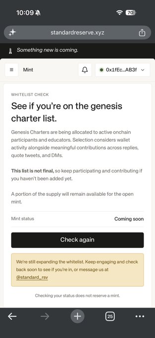 A mobile screenshot of the standardreserve.xyz website showing a 'Whitelist Check' page for 'Mint' status, indicating the user's address 0x1fEc...AB3f is not yet on the genesis charter list with a 'Coming soon' mint status.