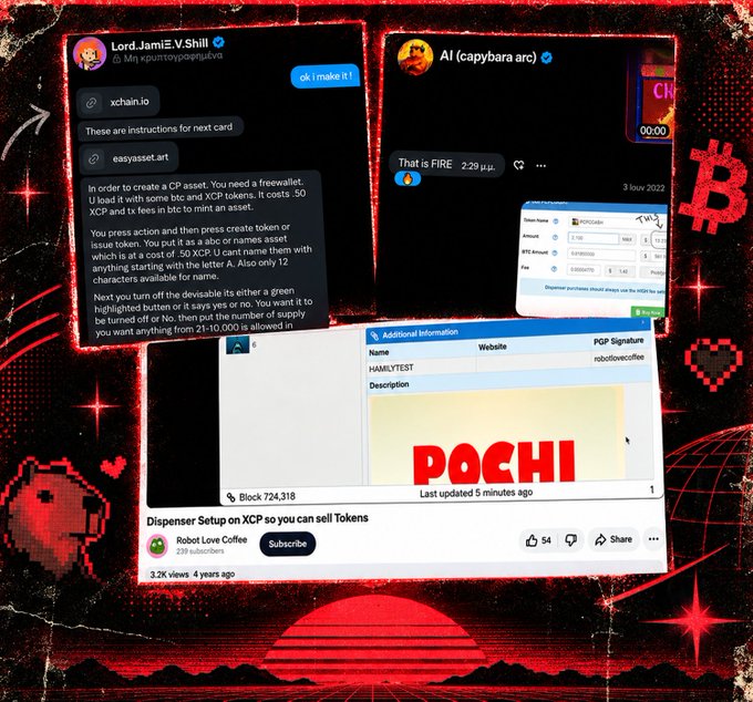 A collage of screenshots from X (formerly Twitter) showing posts about XCP (Counterparty) token creation, including instructions from 'Lord.Jam' and 'A1 (capybara arc)', a YouTube video titled 'Dispenser Setup on XCP so you can sell Tokens' by 'Robot Love Coffee' (3.2K views, 4 years ago), and red graphical elements including a Bitcoin 'B' symbol and a pixelated sun.