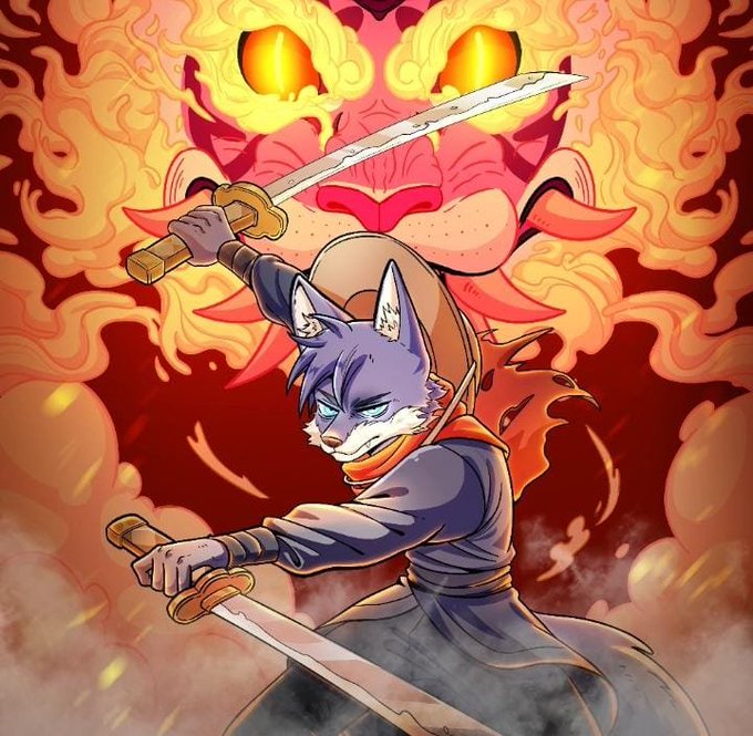 A digital illustration of an anthropomorphic wolf or dog character wielding two swords, wearing a straw hat and orange scarf, set against a backdrop of a massive flaming oni or yokai face.