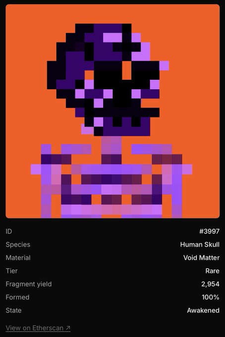 A digital NFT-style artwork on an orange background depicting a purple pixel-art skeleton, with metadata below: ID #3997, Species: Human Skull, Material: Void Matter, Tier: Rare, Fragment yield: 2,954, Formed: 100%, State: Awakened, and a 'View on Etherscan' link.