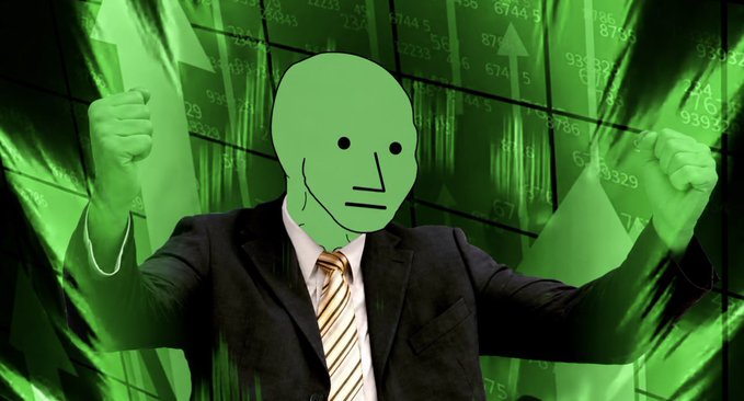 A meme-style image of a businessman in a suit and striped tie with a blank, simple cartoon face overlaid, raising his fists in a celebratory pose against a green stock market chart background with rising arrows and numbers.