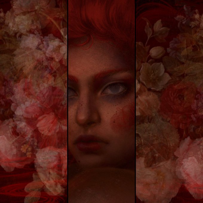 A moody, dark artistic composite image featuring the close-up face of a red-haired woman in the center, framed by floral textures on either side.