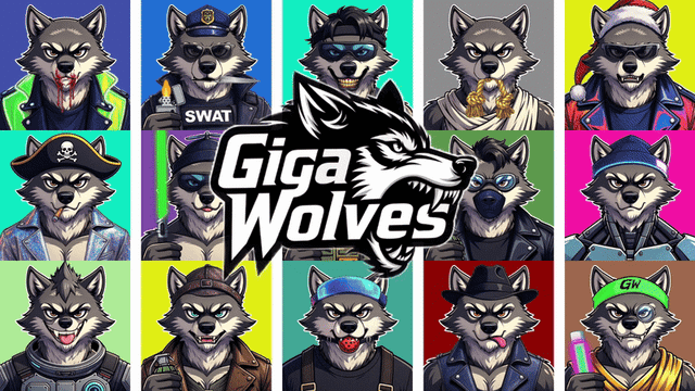 A grid of 10 stylized cartoon wolf characters with various outfits (police, SWAT, ninja, pirate, etc.) surrounds a central "GIGA WOLVES" logo, serving as promotional artwork for the "GIGA WOLVES - LAST DAY TO MINT" NFT collection announcement.