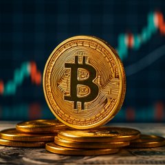 A physical Bitcoin token stands upright on a stack of gold coins with an upward-trending candlestick chart in the background, visually representing Bitcoin's climb to the $80K milestone highlighted in the post about fiscal concerns and geopolitical tensions driving its price.