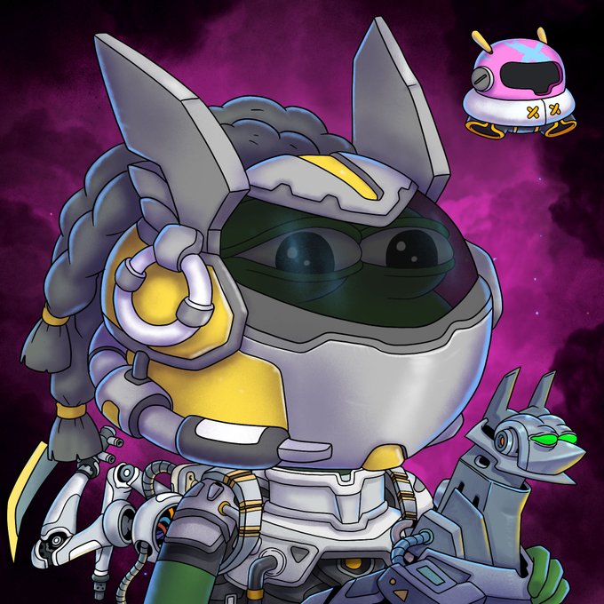 A digital artwork features a futuristic yellow and silver mech character with dreadlocks and a large visor, alongside a small pink robot and a robotic dog against a purple background.