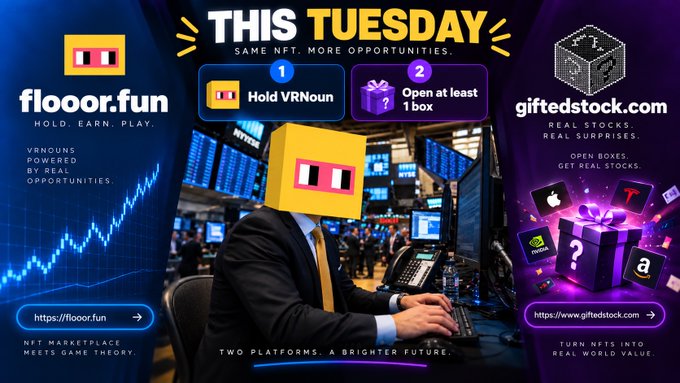 A promotional graphic for a "This Tuesday" campaign featuring flooor.fun and giftedstock.com, showing a suited figure wearing a VRnoun NFT box helmet on the NYSE trading floor, with instructions to "Hold VRNoun" and "Open at least 1 box" to enter the raffle for a 1500-box reward pool running September 15-22.