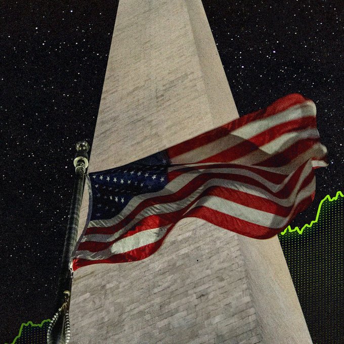 An American flag waves in front of the Washington Monument at night with a green financial chart overlay, symbolizing OKX's launch of its cryptocurrency exchange in the US market and the dawn of a new, independent financial system. The patriotic imagery combined with the rising market data visually reinforces the post's message about breaking free from traditional financial systems.