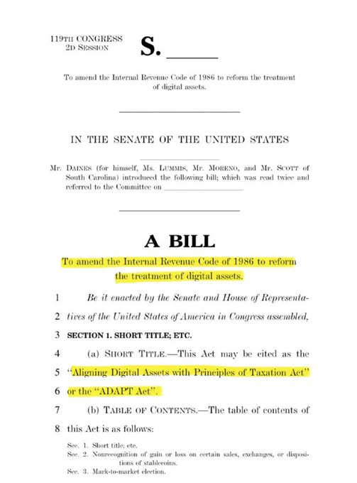 The first page of a U.S. Senate bill (119th Congress, 2D Session) titled 'A BILL' to amend the Internal Revenue Code of 1986 to reform the treatment of digital assets, cited as the 'Aligning Digital Assets with Principles of Taxation Act' or 'ADAPT Act.'