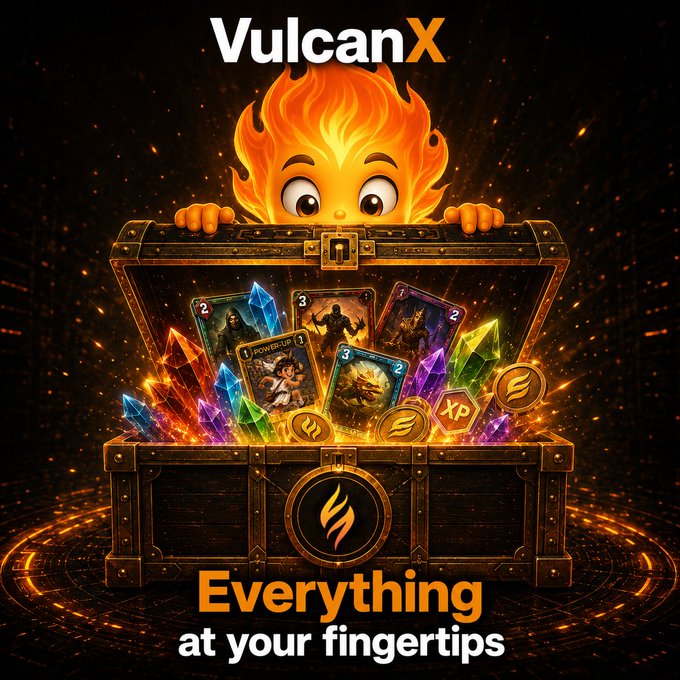 Promotional graphic for VulcanX featuring a fire-haired mascot peeking over a treasure chest filled with game cards, crystals, and XP tokens, with text reading 'VulcanX' and 'Everything at your fingertips'.