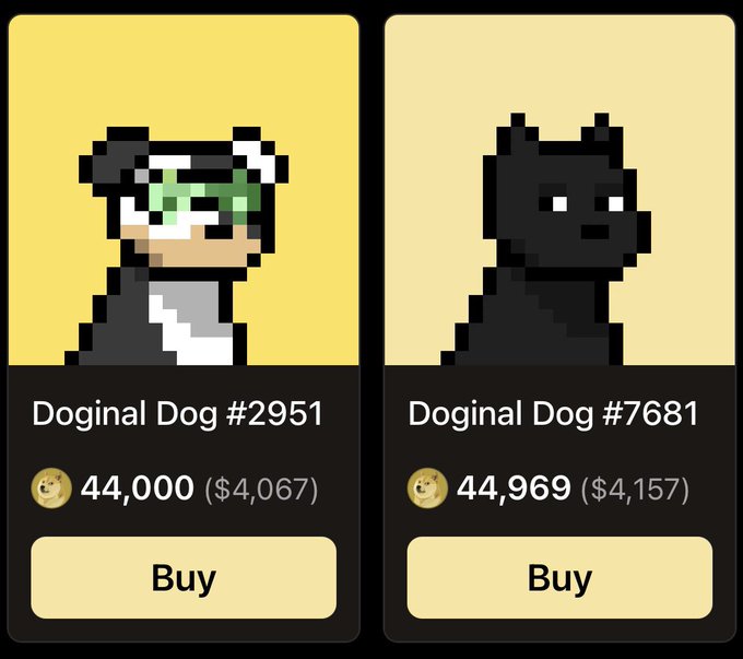 Two NFT marketplace listings for 'Doginal Dog #2951' (44,000 DOGE / $4,067) and 'Doginal Dog #7681' (44,969 DOGE / $4,157), showing pixel-art dog profiles with 'Buy' buttons.