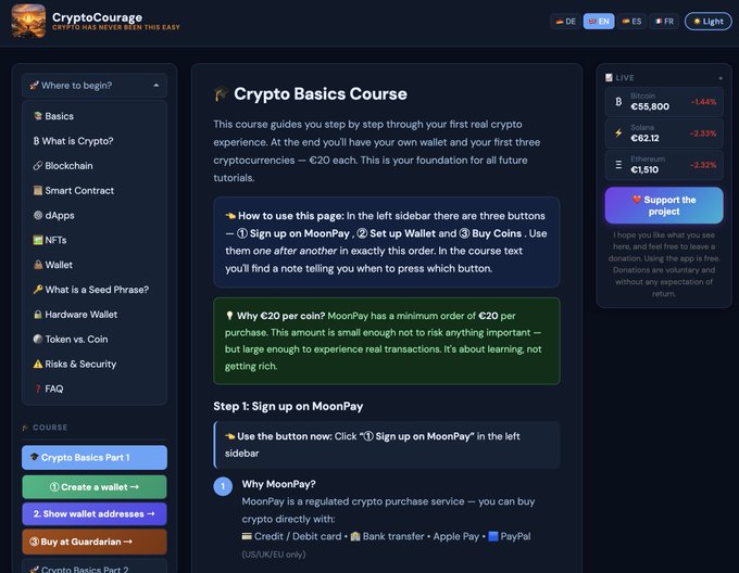 The image features a website called "CryptoCourage" with a focus on creating a beginners course for crypto. The website has a dark blue background, which contrasts nicely with the white text displayed on the page. There are several sections of the site that provide information and instructions about how to create a crypto-based project or application using the tools provided by @EmblemVault. The image also includes a caption that reads "Focus on what is in the image and how it relates to the post".