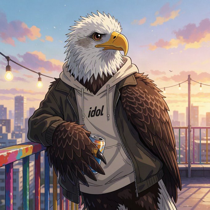 An anthropomorphic bald eagle wearing a hoodie that says 'idol' and a jacket holds a soda can while leaning on a colorful railing at sunset.