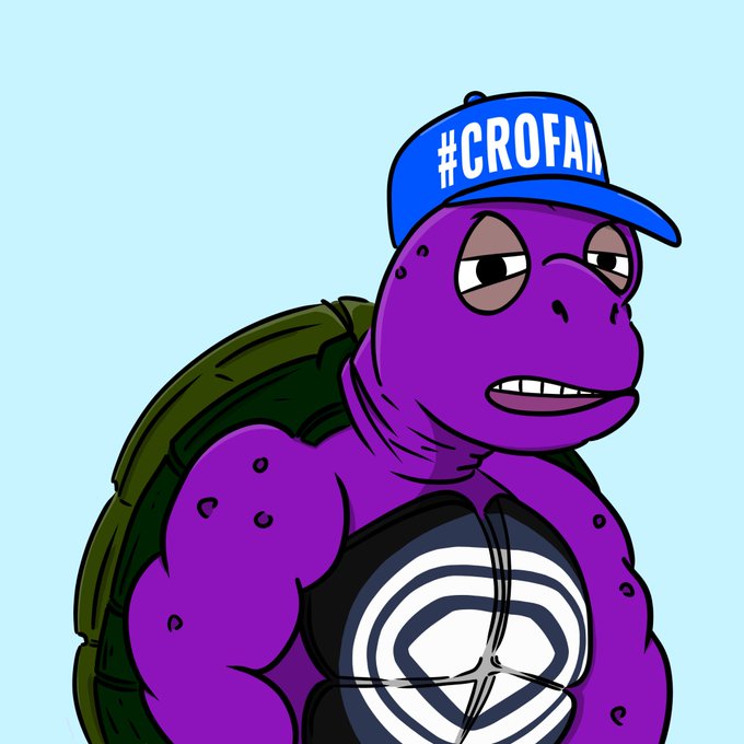 Cartoon illustration of a purple turtle character wearing a blue baseball cap with '#CROFAM' written on it.
