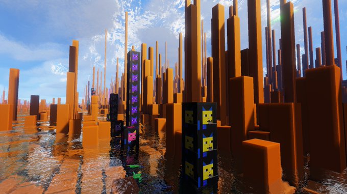 A digital artwork or game scene depicting a surreal landscape with tall orange pillars and pixelated character structures rising from a reflective surface under a blue sky.