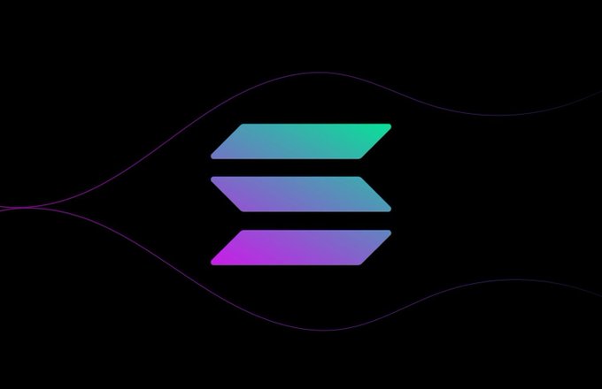 The image is the Solana ($SOL) logo, featuring its distinctive stacked horizontal bars in a teal-to-magenta gradient against a black background, with flowing purple lines extending to the right. The logo directly ties to the giveaway post, which is offering $150 in $SOL cryptocurrency to participants who follow and retweet.