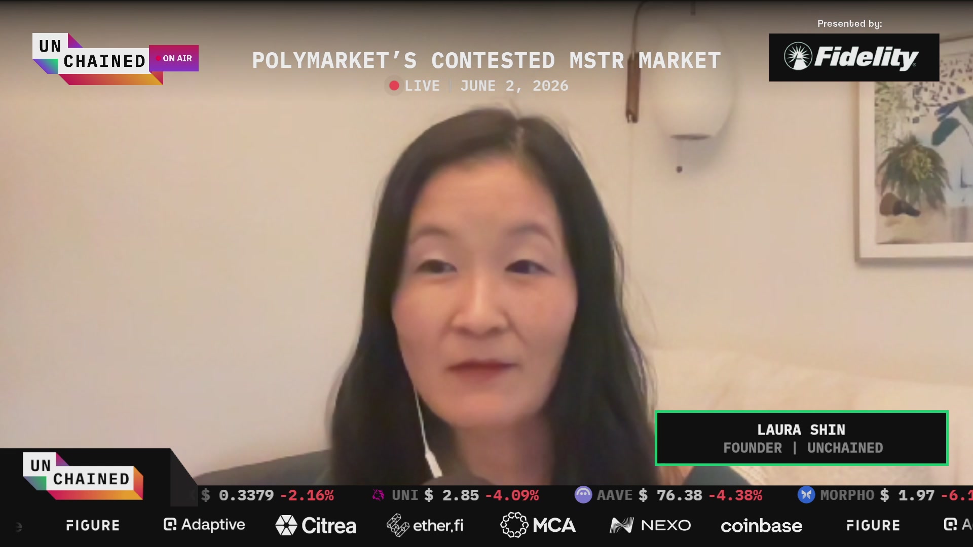 The image shows a woman sitting at a desk with her face displayed on a computer screen. The background of the image features a white wall, which contrasts with the colorful text that reads "Unchatted" and "Polymarket's contested MSTR market". Below this, there is a post about Bitcoin written by @jdorman81.