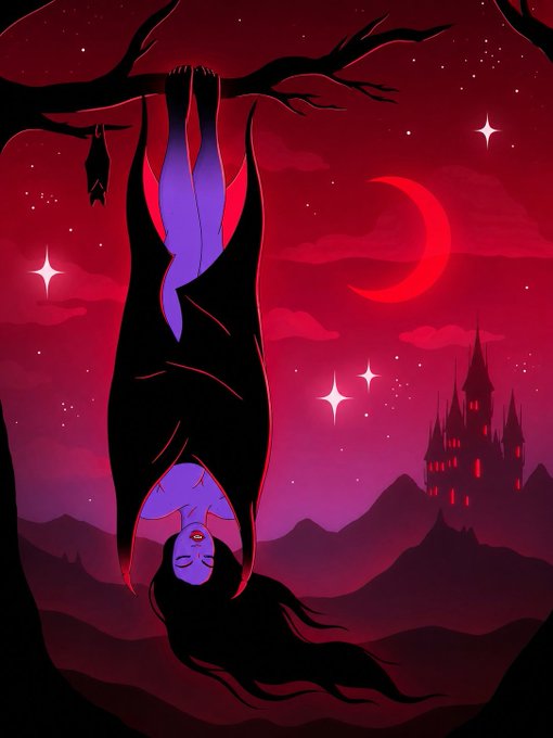 An illustration of a pale, blue-haired figure hanging upside down from a dark tree branch against a deep red night sky with a crescent moon and a silhouetted castle.