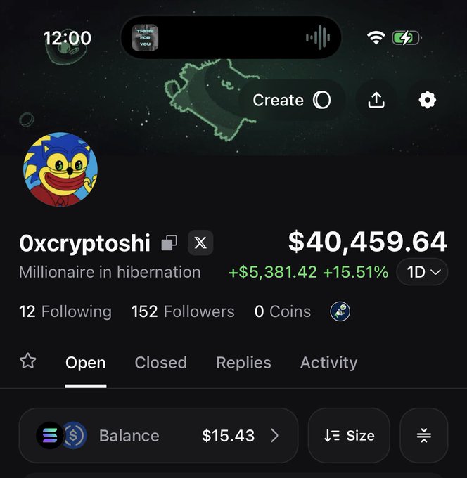 A screenshot of a Robinhood portfolio shows the "0xcryptoshi" account, themed like Sonic the Hedgehog with a "THERE FOR YOU" profile picture, holding $40,459.64 (+15.51%) in what appears to be the $OgDoge memecoin on Pumpfun. The caption "Let's make sure that I hit 7 figs this year" suggests the user is showing off their gains to motivate further progress toward a seven-figure portfolio goal.