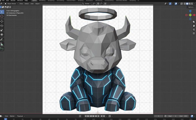 A screenshot of Blender 3D modeling software displays a low-poly robotic bull with glowing cyan circuit lines and a floating halo above its head. The image visually reinforces the post's message by depicting a powerful, tech-infused "bull" — a classic symbol of market strength — reimagined as a community-driven force rather than relying on outside "whales."