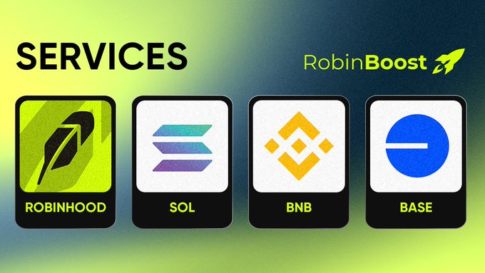 The image is a promotional banner for "RobinBoost" services, featuring four blockchain-related packages displayed as app-style icons labeled "ROBINHOOD," "SOL," "BNB," and "BASE," with a green and dark gradient background. It visually corresponds to the post by showcasing the four chain packages offered, each represented by the respective network's logo (Robinhood, Solana, BNB, and Base).
