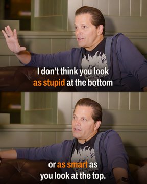 A two-panel meme featuring a man gesturing on a couch, with text reading 'I don't think you look as stupid at the bottom' and 'or as smart as you look at the top.'