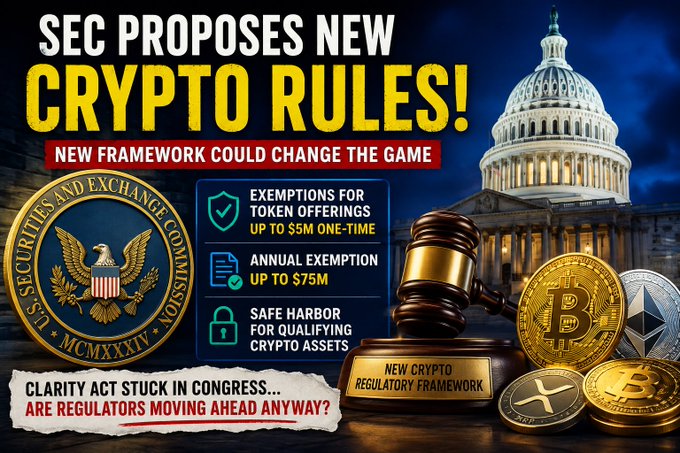 A graphic with the headline 'SEC PROPOSES NEW CRYPTO RULES!' featuring the U.S. Capitol building, a gavel, cryptocurrencies, and bullet points listing exemptions and safe harbor provisions.