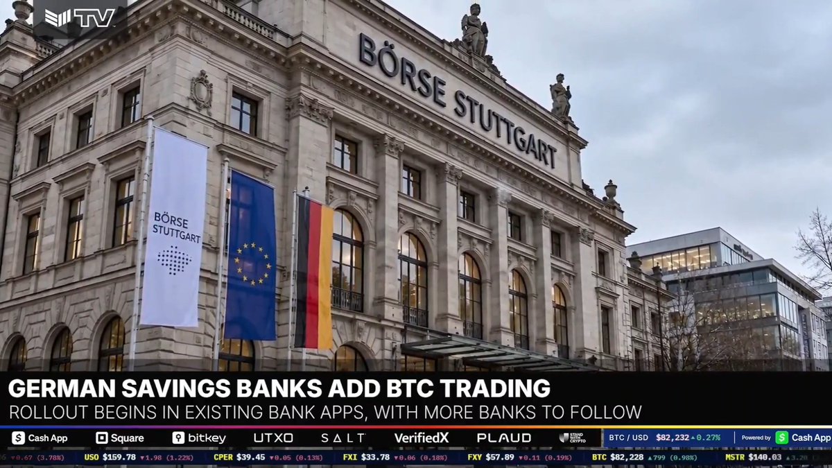 The image shows the historic Börse Stuttgart building with its name displayed prominently, alongside EU and German flags, accompanied by the headline "GERMAN SAVINGS BANKS ADD BTC TRADING - ROLLOUT BEGINS IN EXISTING BANK APPS, WITH MORE BANKS TO FOLLOW." The scene visually ties to the news about Sparkasse enabling Bitcoin purchases for its 40 million customers, highlighting Germany's growing integration of crypto into traditional banking infrastructure.