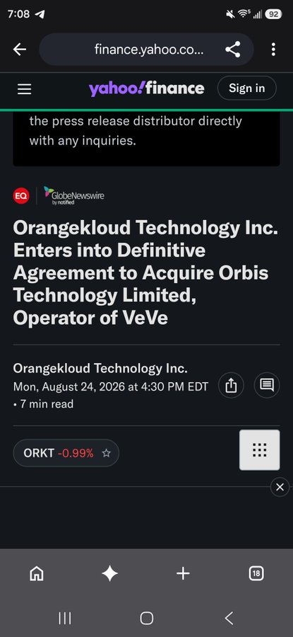 A Yahoo Finance mobile page showing a GlobeNewswire article titled 'Orangekloud Technology Inc. Enters into Definitive Agreement to Acquire Orbis Technology Limited, Operator of VeVe,' with the ORKT ticker showing -0.99%.