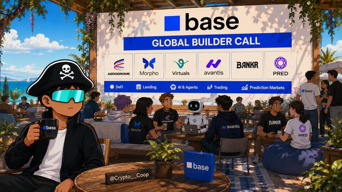 An illustration showing a 'base GLOBAL BUILDER CALL' event with various company logos including Aerodrome, Morpho, Virtuals, avantis, BANKR, and PRED, featuring people gathered around tables.