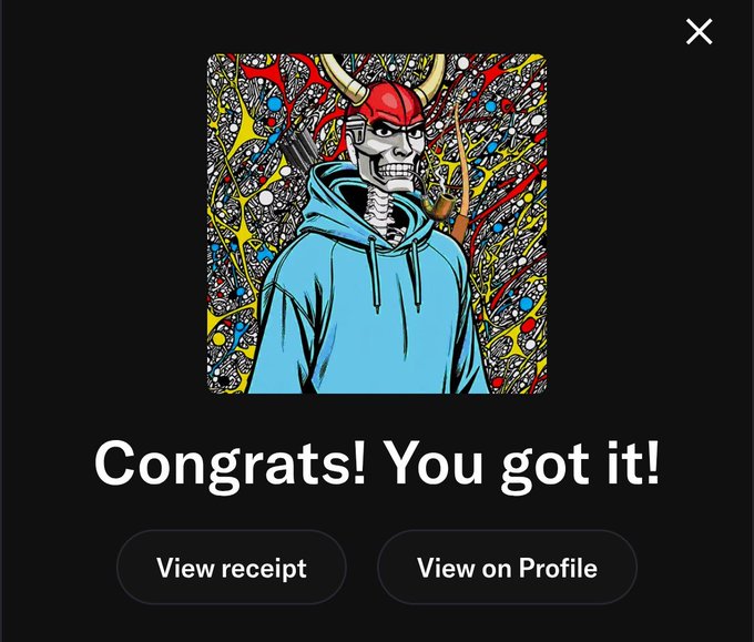 A TikTok 'Congrats! You got it!' screen displaying an NFT of a skull-faced figure in a red horned helmet and blue hoodie with colorful chaos in the background.