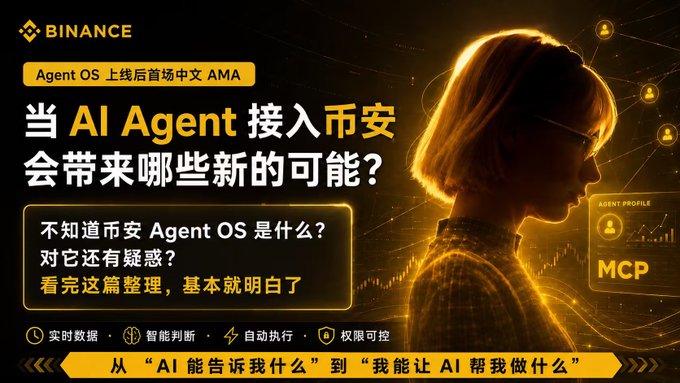 A Binance promotional graphic featuring a digital avatar of a woman in yellow. It announces an AMA session in Chinese, asking 'What new possibilities will AI Agent bring to Binance?' and introduces 'Agent OS'.