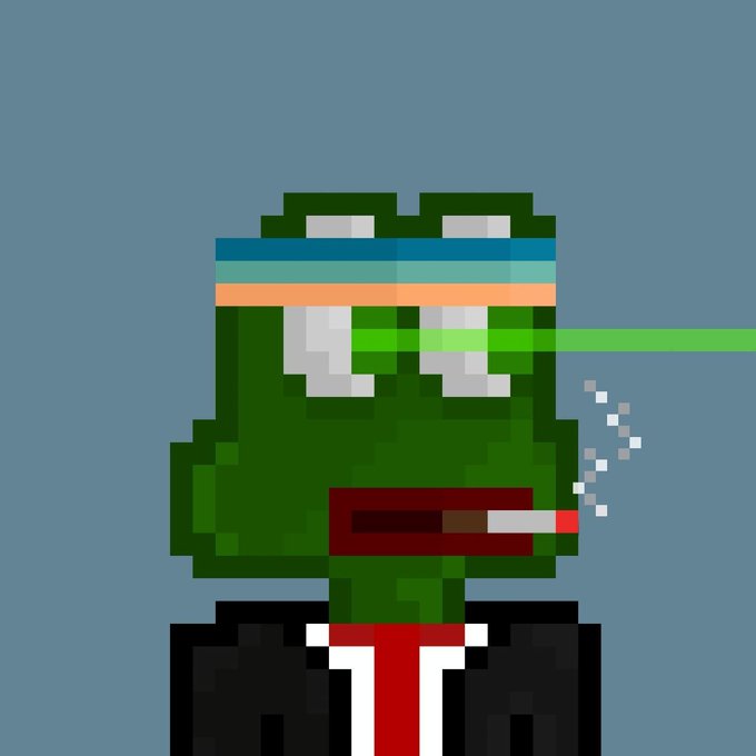 A pixel-art frog character wearing a vintage teal-and-orange headband, with a green laser beam shooting from its eyes, smoking a cigarette, and dressed in a classic black-and-white tuxedo, matching the described RockGuardian NFT traits against a muted blue background.