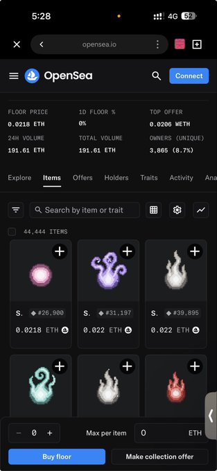 OpenSea NFT marketplace interface in dark mode showing items collection with floor prices in ETH, displaying various flame and orb-themed NFT assets.