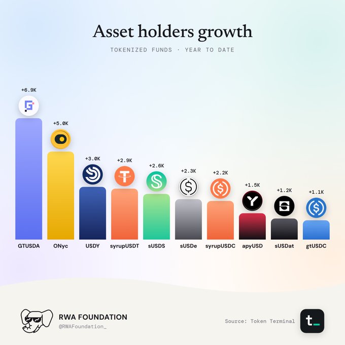 An infographic by RWA Foundation titled 'Asset holders growth - Tokenized Funds YTD' showing Gtusda at +6.9K leading, followed by ONyc, USDY, and other stablecoins.