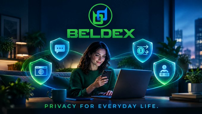 A woman works on a laptop in a dimly lit room, surrounded by glowing icons representing secure browsing, encrypted messaging, private transactions, and identity protection, with the "BELDEX" logo prominently displayed above her and the tagline "PRIVACY FOR EVERYDAY LIFE." below—visually reinforcing the message that Beldex is integrating privacy seamlessly into routine digital activities rather than treating it as an afterthought.