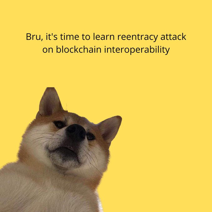 A meme image featuring a Shiba Inu dog on a yellow background with the text 'Bru, it's time to learn reentrancy attack on blockchain interoperability'.