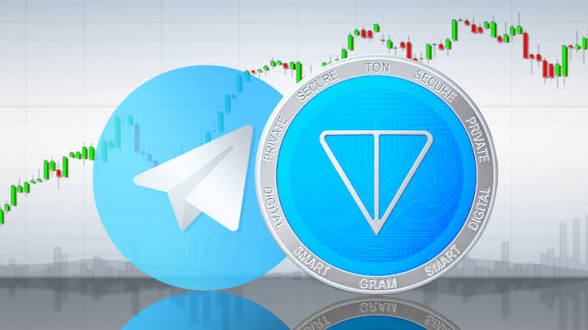 The image features two blue coins with a triangle symbol on them, one labeled "TON" and the other "GAM", placed next to each other against a city skyline backdrop. The text in the image reads "The story of TON might actually be one of the most real and dramatic stories in crypto".
