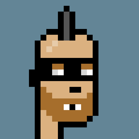 A pixel art character with tan skin, a black eye mask, and a small black antenna or hat on top is set against a blue background. The image does not contain any visible text, numbers, or tickers, but appears to be an avatar or mascot possibly associated with the CryptoFunks project mentioned in the post.