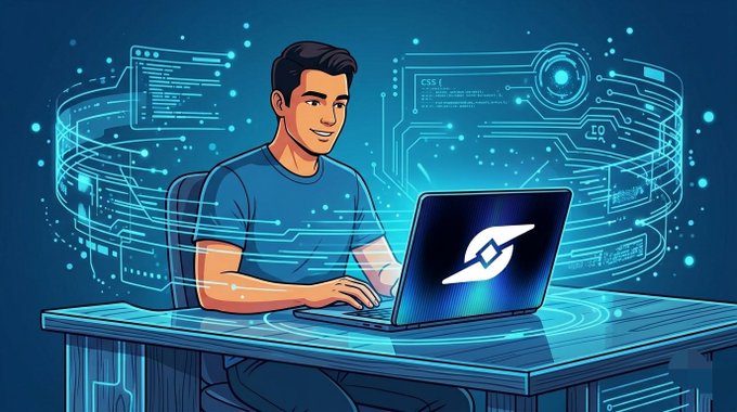 The image features a man sitting at a desk, using his laptop computer with an open lid. The background of the image has blue lines and dots surrounding the man's head, creating a futuristic atmosphere. The caption above the image reads "Lately I’ve been paying more attention to projects that focus on building real foundations instead of chasing short-term hype. The loudest ecosystems aren't always the ones that last". This message seems to be related to the content displayed in the image and could be a reference to the man's work or interests, which may involve technology or computer science.