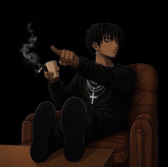 An anime-style illustration of a young man with dreadlocks wearing a black outfit and cross necklace, sitting relaxed in a brown leather armchair with his feet propped up on a table, holding a cigarette and a cup while pointing forward.