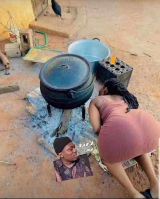 A woman in a pink dress bends over near a large cooking pot on an outdoor fire, with an edited-in image of a man's face labeled 'Normal' in the foreground.