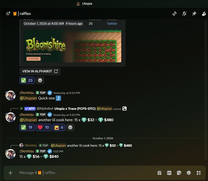 A screenshot of a Discord server called 'Utopia' in the #raffles channel, showing posts from 'zheninja' about 'Bloomshire' and trading offers (FCFS-DTC) with values like $32 = $480.