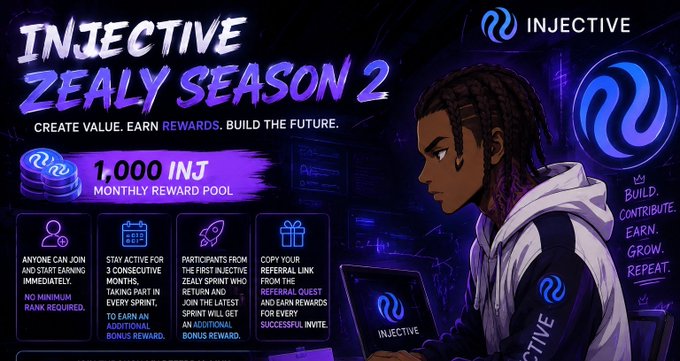 A promotional graphic for 'INJECTIVE ZEALY SEASON 2' advertises a 1,000 INJ monthly reward pool with a 'Build, Contribute, Earn, Grow, Repeat' theme and features an illustrated character using a laptop.