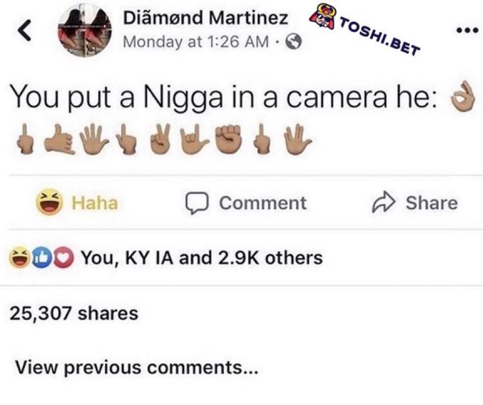 A Facebook post by Diãmond Martinez displays the text "You put a Nigga in a camera he:" followed by a row of hand gesture emojis, noting 25,307 shares and a "TOSHI.BET" watermark.