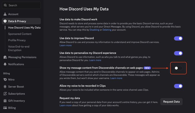 A Discord “How Discord Uses My Data” settings page shows several data-use toggles, with a red arrow and box highlighting the off switch for “Show my message content from Discoverable channels on web pages.”